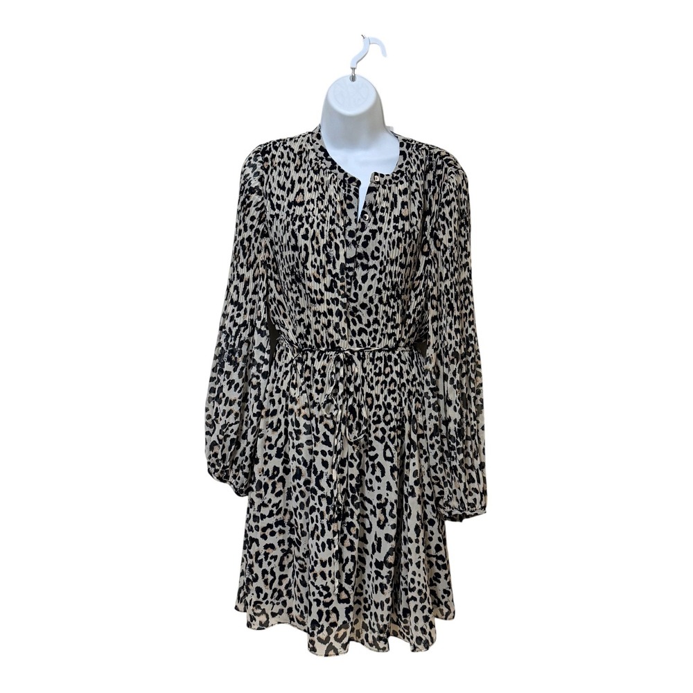 Daniel Rainn Leopard Print Pleated Mini Dress Long Sleeve NWT L D53212PG4